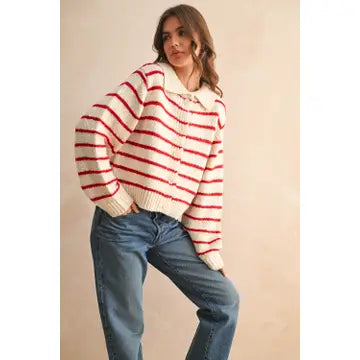 Button Stripe Sweater-Red