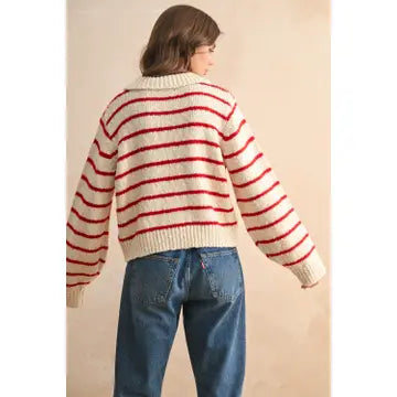 Button Stripe Sweater-Red
