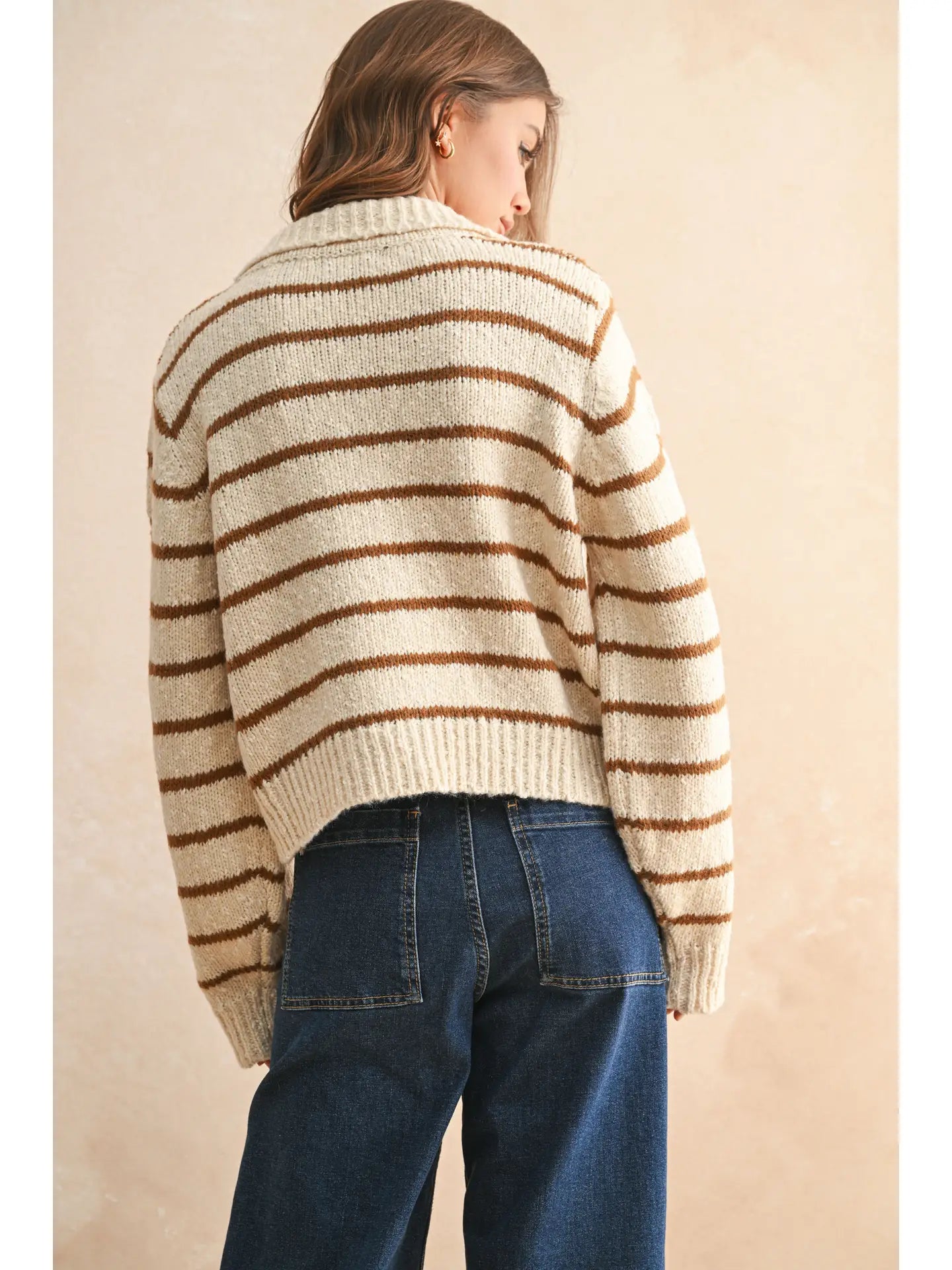 Button Stripe Sweater- Brown