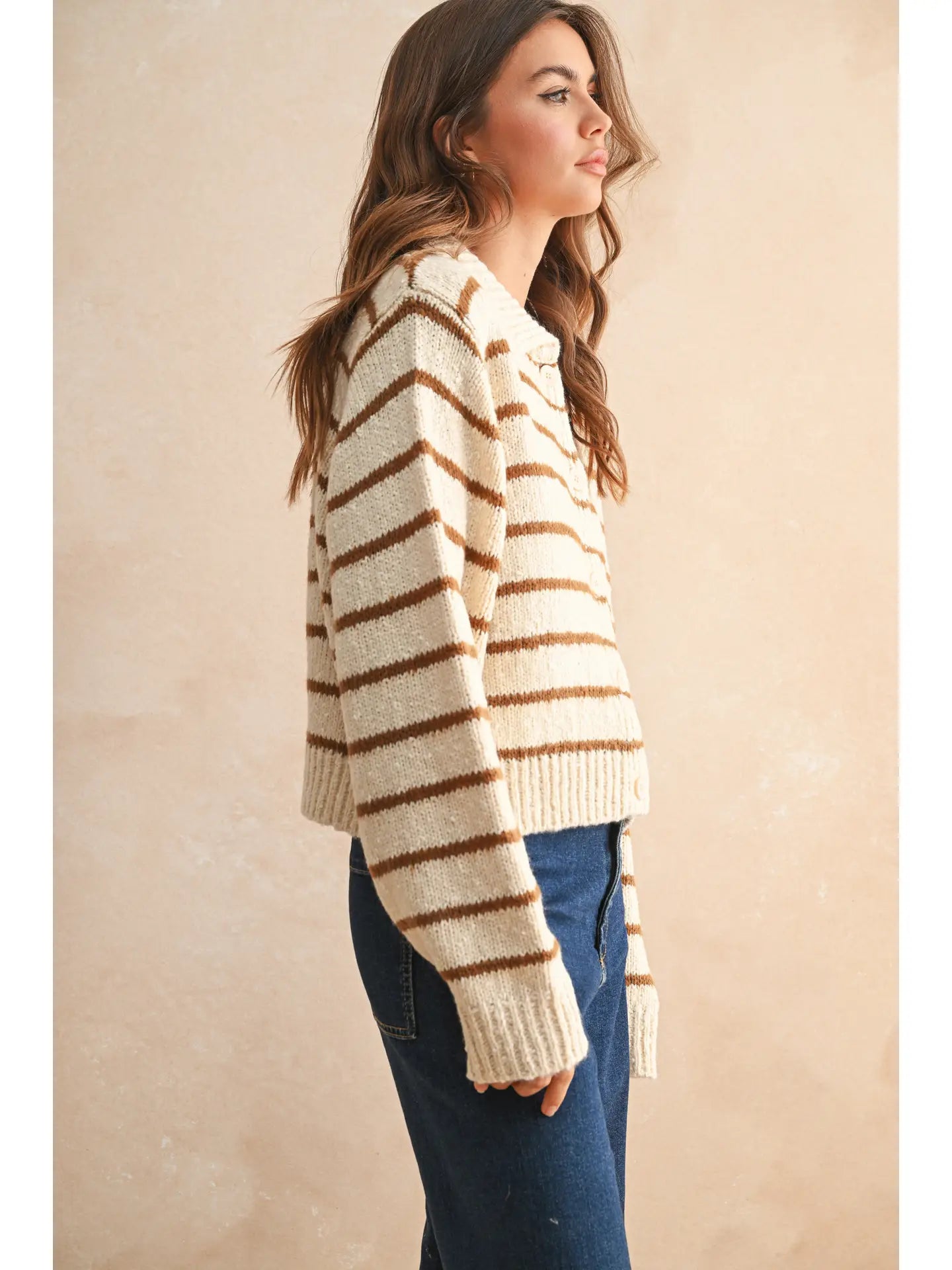 Button Stripe Sweater- Brown