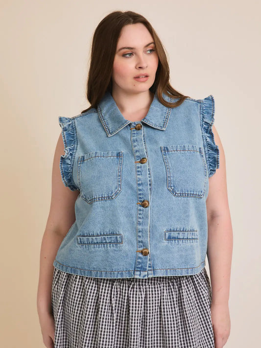 Ruffle Detail Denim Vest