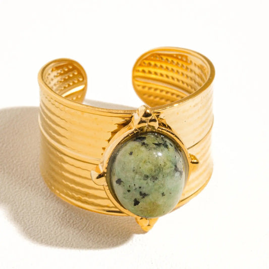 18K Gold Non-Tarnish Stone Bold Adjustable Ring