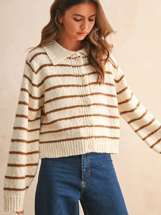 Button Stripe Sweater- Brown