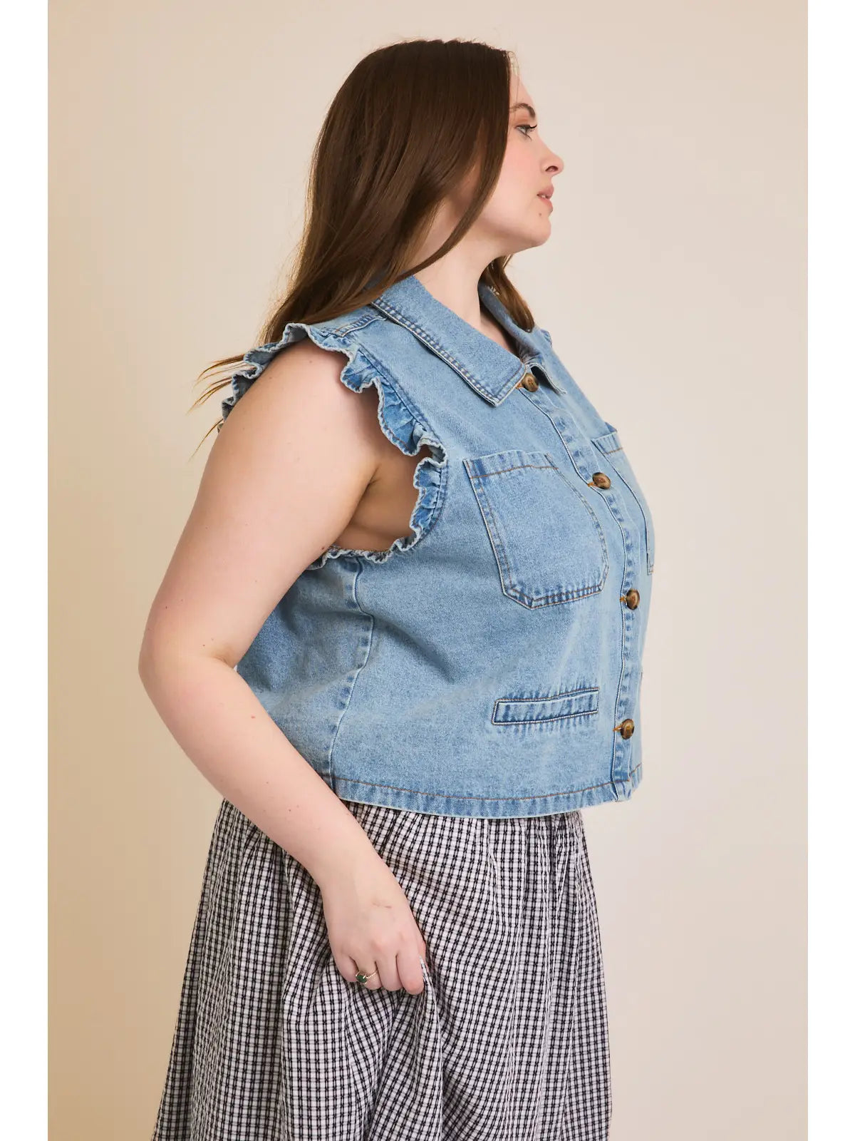 Ruffle Detail Denim Vest