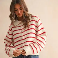 Button Stripe Sweater-Red